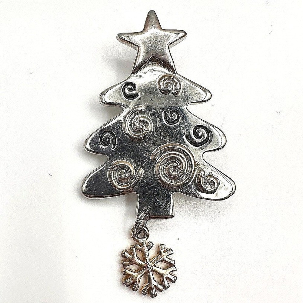 Vintage 90s Christmas Tree Brooch Pin Silver Tone Snowflake Dangle Jewelry Retro